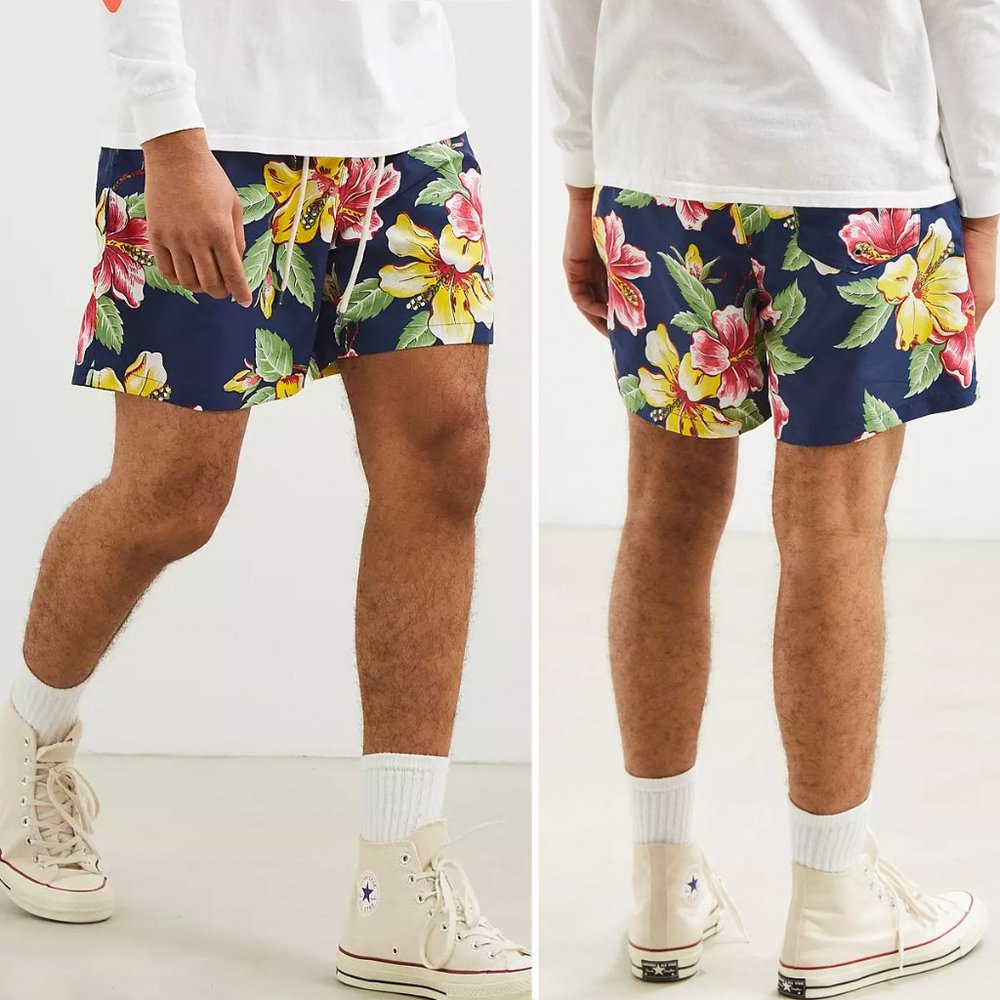 POLO RALPH LAUREN Navy Blue Hibiscus Floral Traveler Swim Trunks Size 34 Vintage